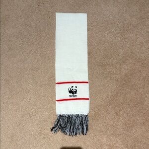 WWF White and Red Scarf with Fringe